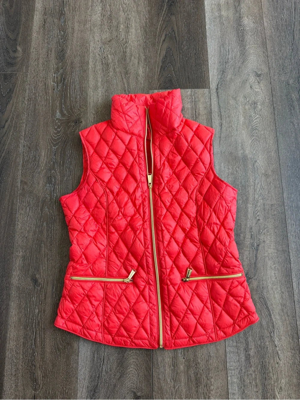 Michael Kors Orange Red Quilted Sleeveless Puffer Vest with Gold Zippers Medium